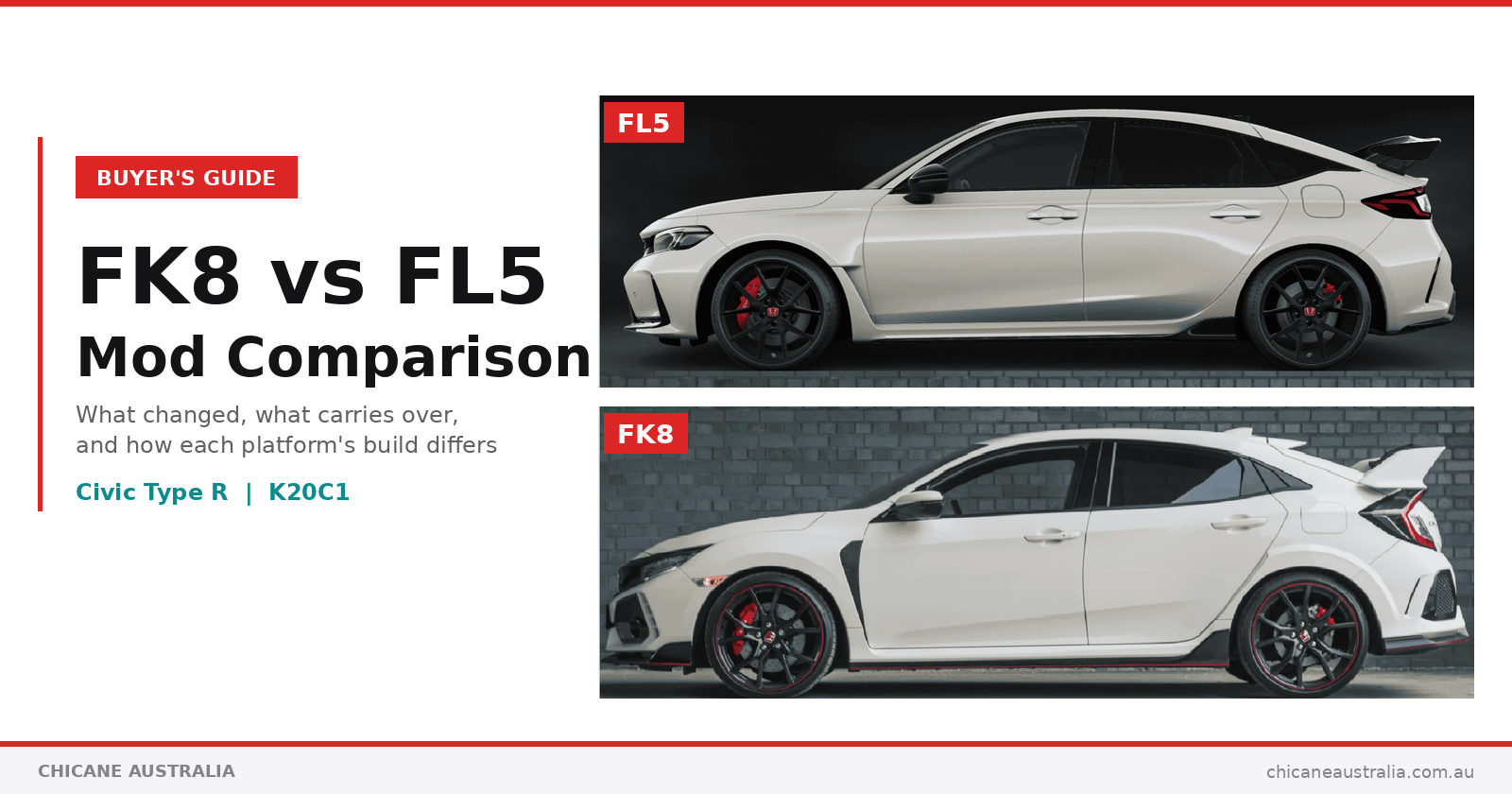 Honda Civic Type R FL5 (top, 2023+) and FK8 (bottom, 2017-2021) side profile comparison — Chicane Australia mod buyer's guide