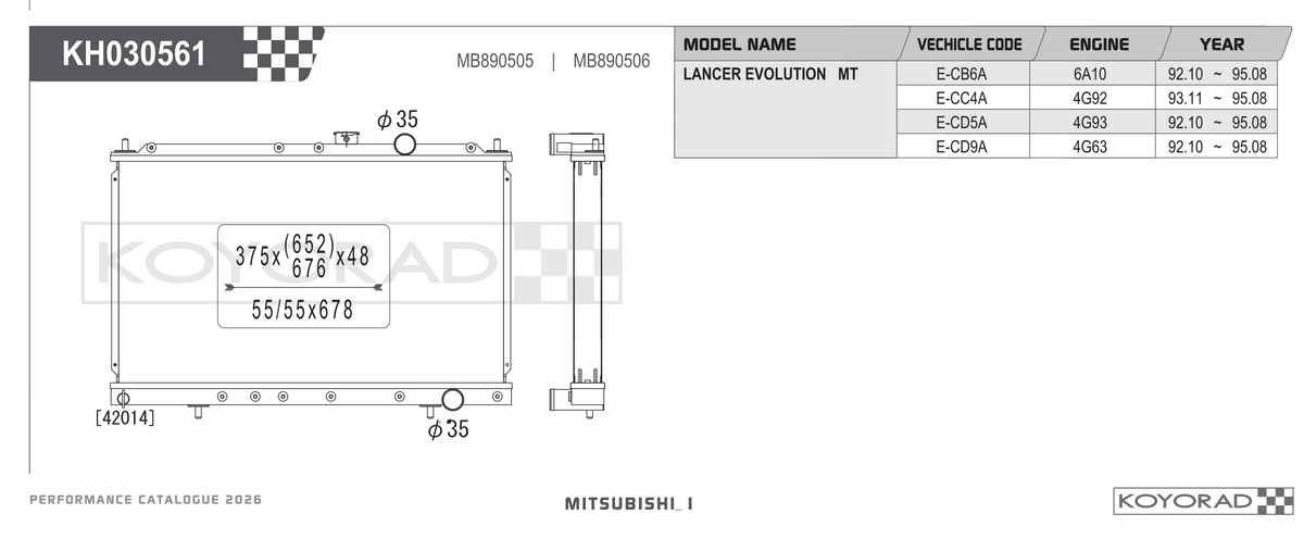 KOYORAD KH030561 radiator drawing and fitment table – Mitsubishi Lancer Evolution (CD9A)