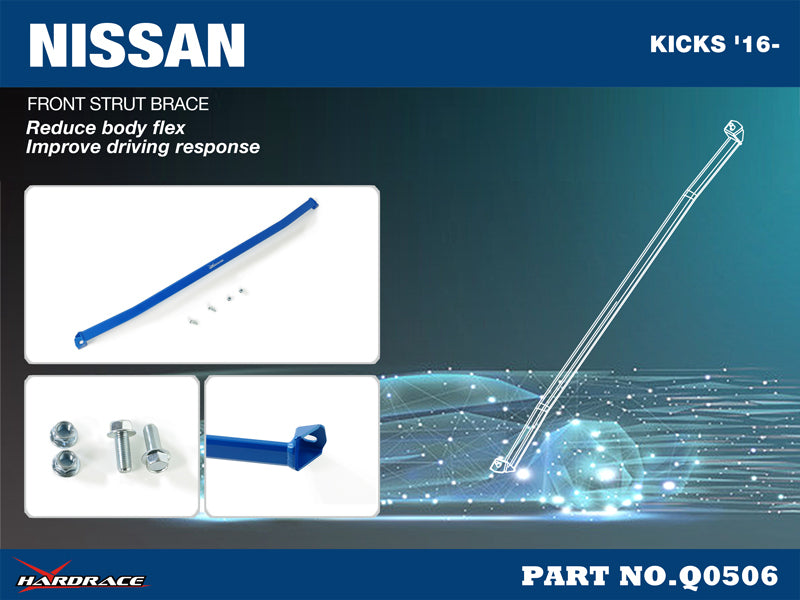 HARDRACE front strut brace – Nissan Kicks (P15) – info card with part number Q0506 and key points