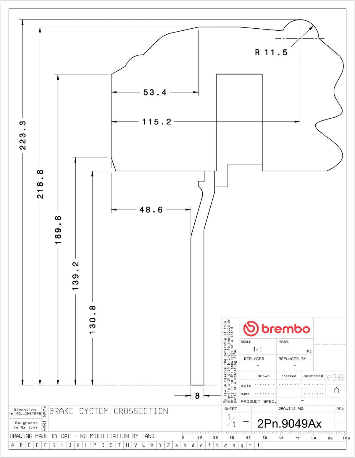 Brembo wheel clearance drawing for the 380mm rear GT kit (2Px.9049)