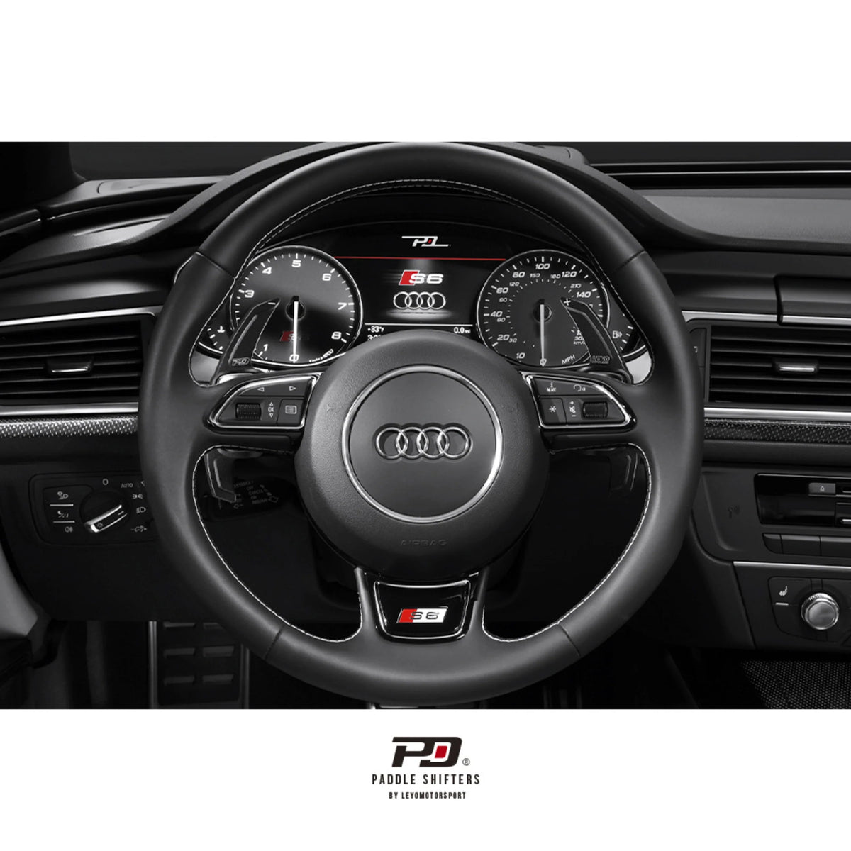 LEYO billet paddle shift extensions V1 – fitted to Audi S6 steering wheel