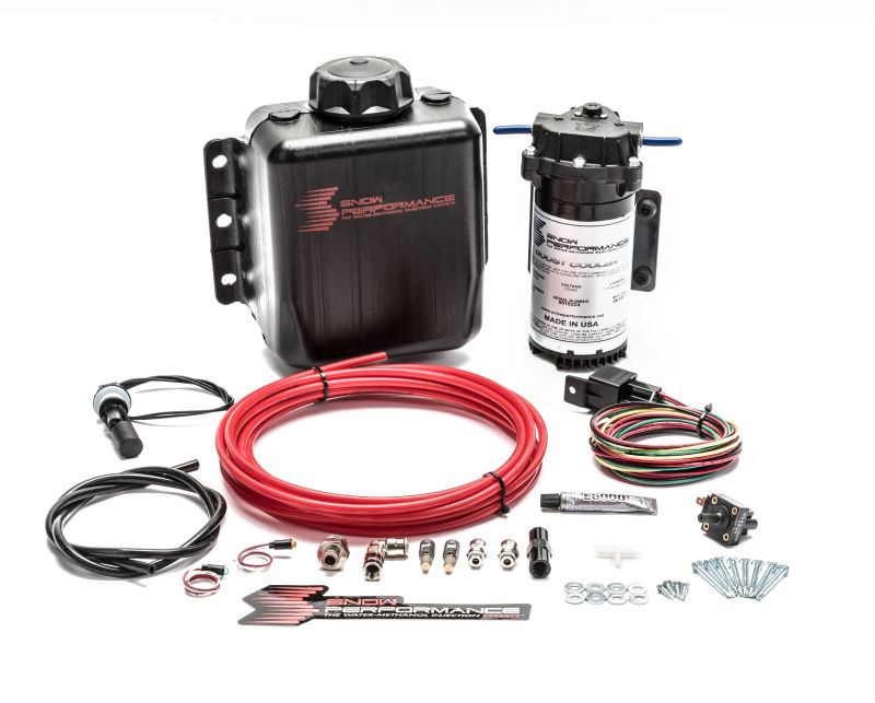 Snow Performance Stage 1 Boost Cooler kit laid out with tank, pump and fittings (product illustration)