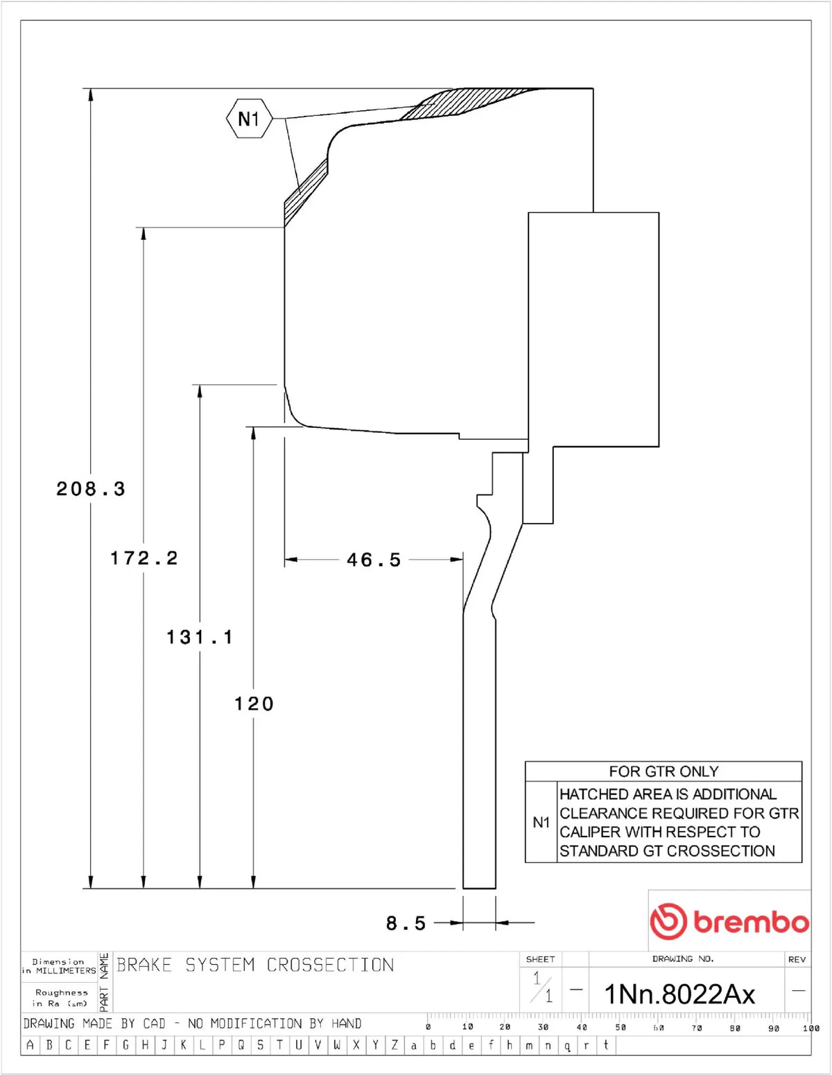 Brembo wheel clearance drawing for the 350mm front GT kit (1Nx.8022)