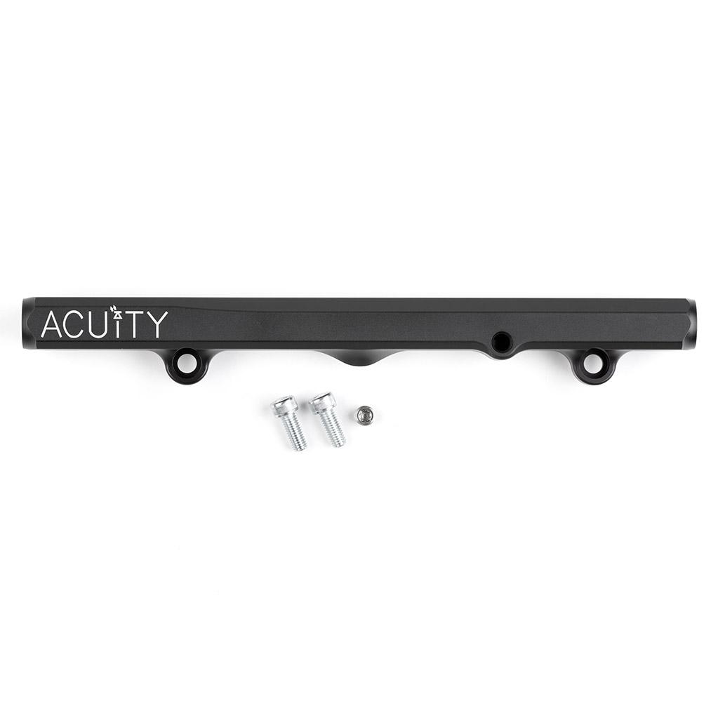 ACUITY K-series fuel rail, Honda K-series, satin black – side view with mounting screws and NPT plug