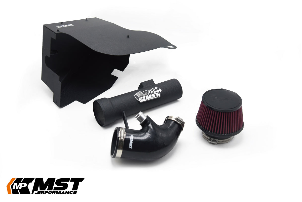MST BMW N13 intake kit contents: heat shield, intake pipe, silicone turbo hose and red filter