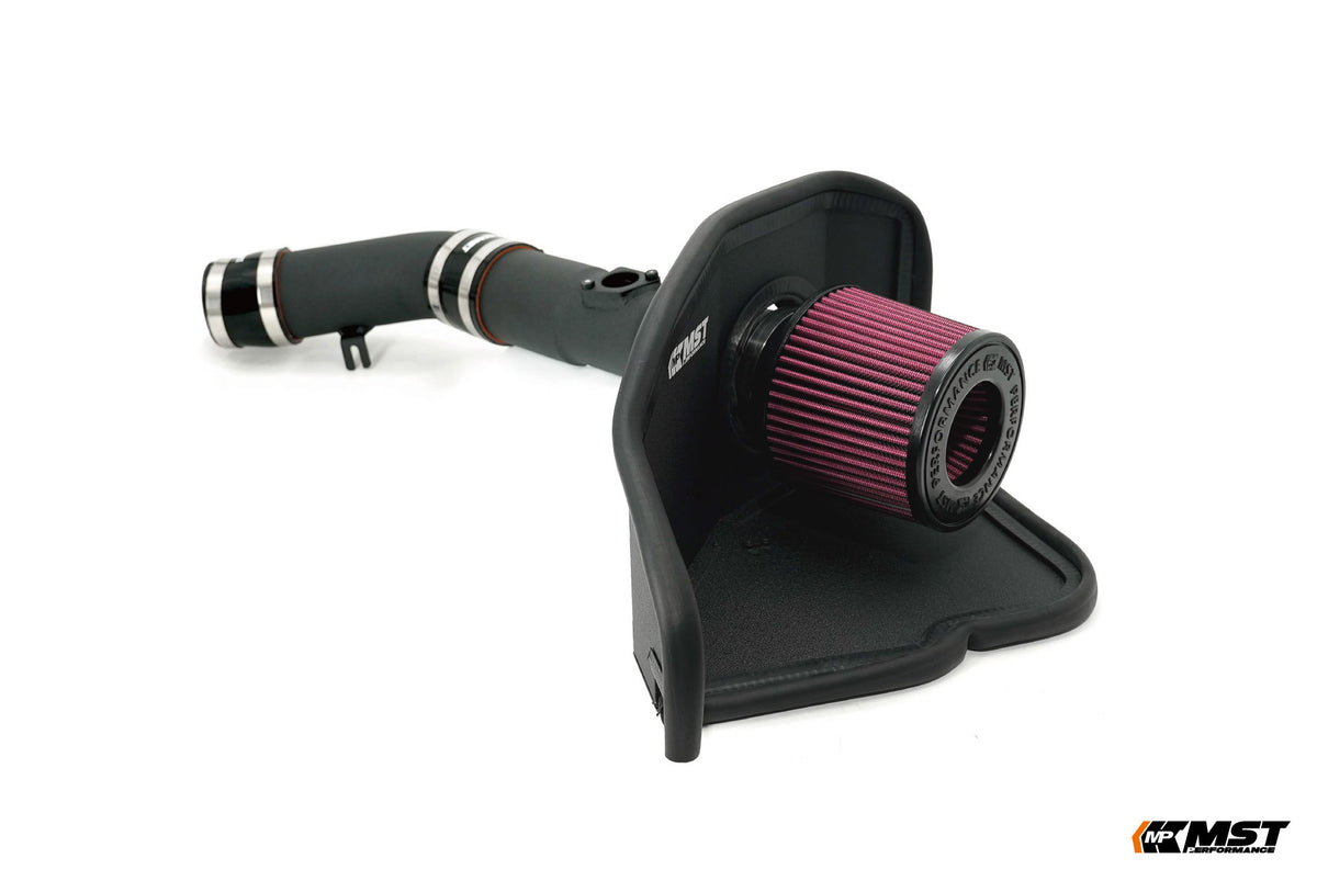 MST GR Corolla intake, side view of the heat shield, filter and powder-coated pipe with silicone joiners