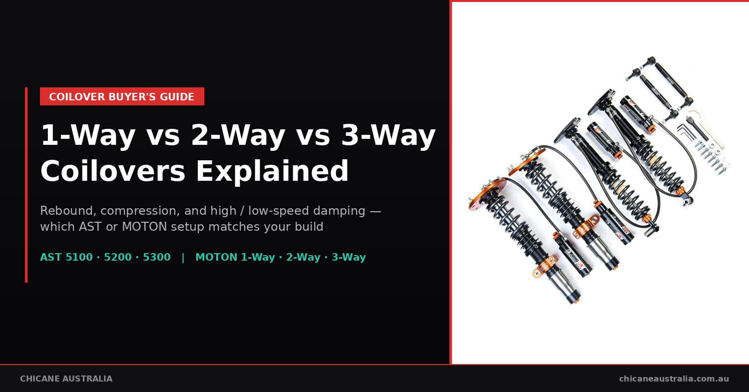 MOTON 3-Way adjustable coilover set with remote reservoirs, braided lines, and adjustment spanners — how to tune 1-way, 2-way and 3-way dampers