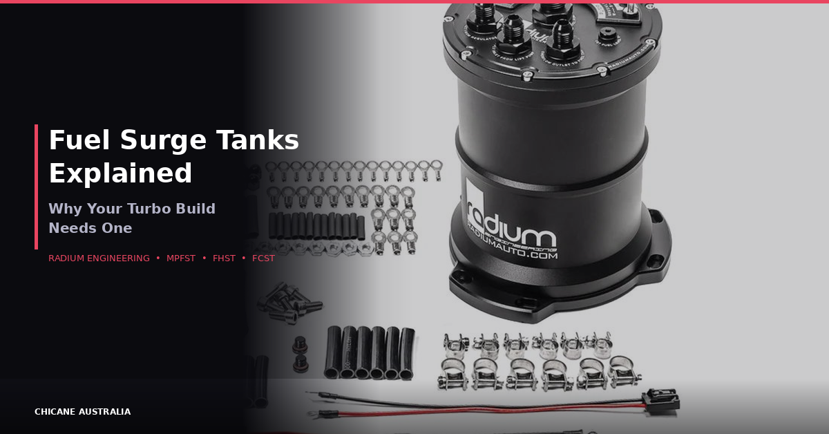 Radium Engineering MPFST multi-pump fuel surge tank with installation hardware — fuel starvation solution for turbo builds