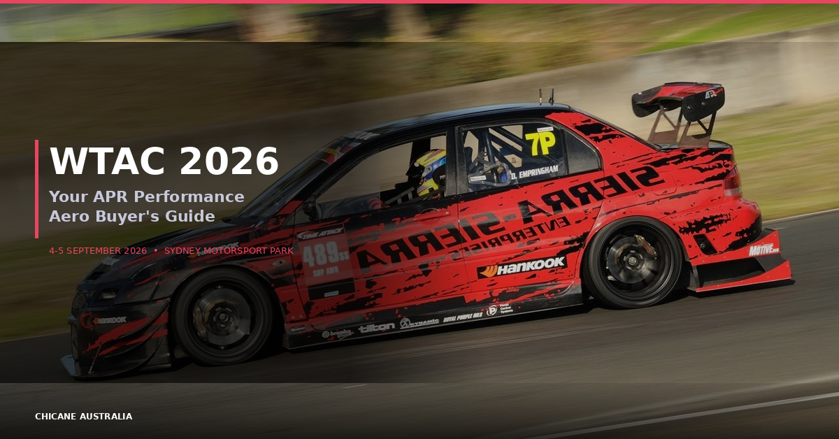 WTAC 2026 APR Performance aero buyer's guide — time attack Mitsubishi Evo with carbon fibre rear wing at Sydney Motorsport Park
