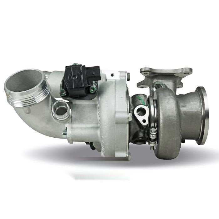 Garrett PowerMax Stage 1 GT2260S turbo for the EA888 Golf R, side view with inlet elbow - Garrett