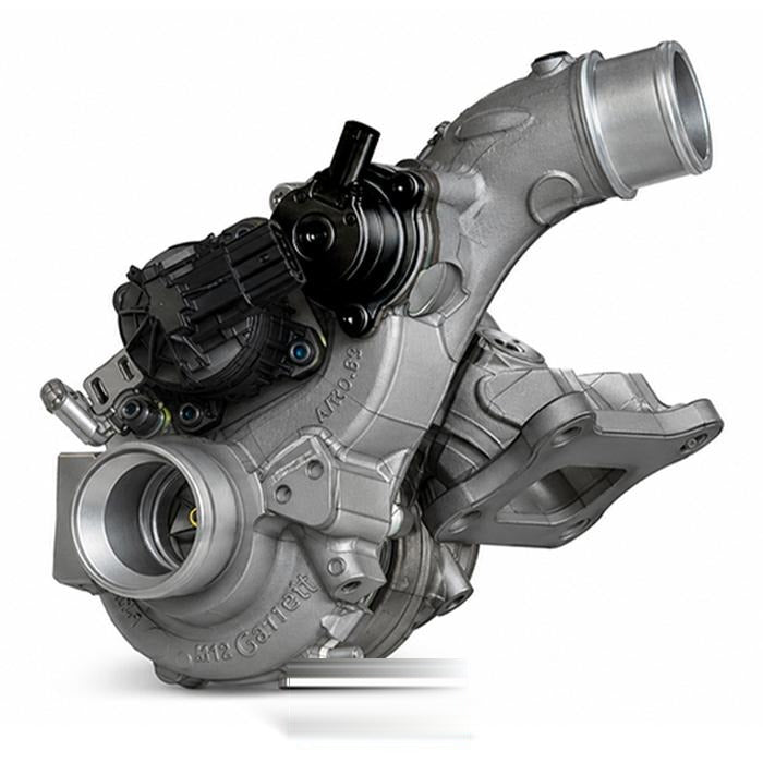 Garrett PowerMax Nissan Z turbo showing the inlet pipe and electronic actuator