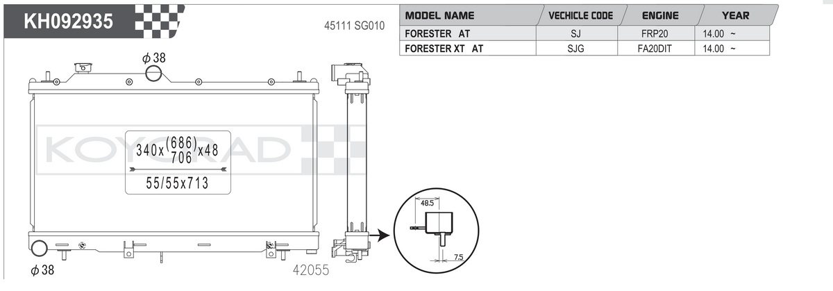 KOYORAD KH092935 radiator drawing and fitment table – Subaru Forester (SJ) / Forester XT (SJG) auto