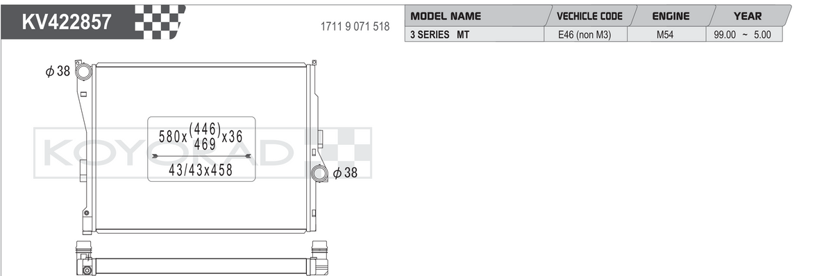 KOYORAD KV422857 / VH422857 radiator drawing and fitment table – BMW 3 Series (E46) non-M3