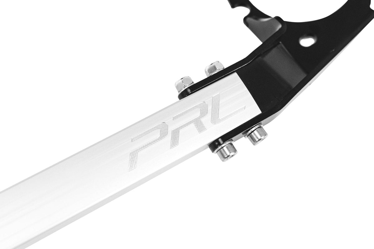 PRL Throwback front strut bar - aluminium tube and steel bracket with PRL logo