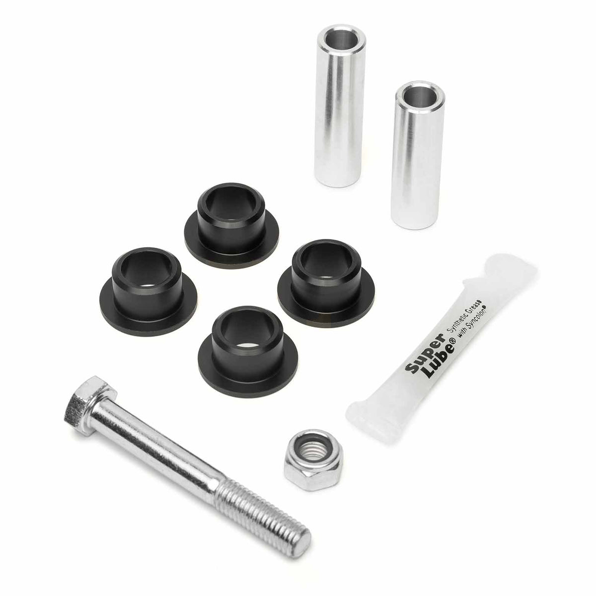 COBB shift linkage bushings – Subaru 5MT and 6MT – sleeves, Delrin inserts, bolt, nut and grease laid out