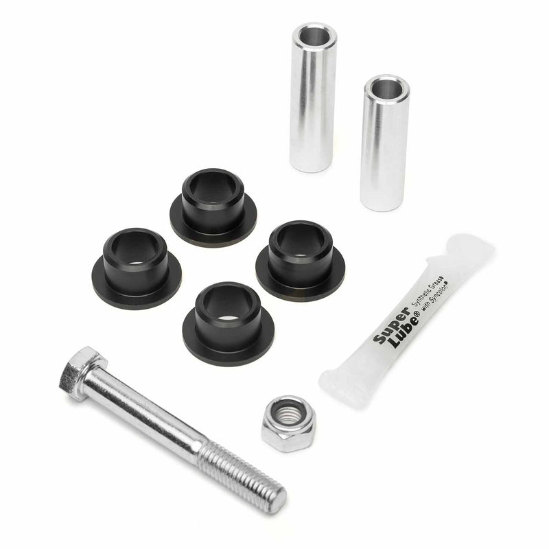 COBB shift linkage bushings – Subaru 5MT and 6MT – sleeves, Delrin inserts, bolt, nut and grease laid out - Cobb Tuning