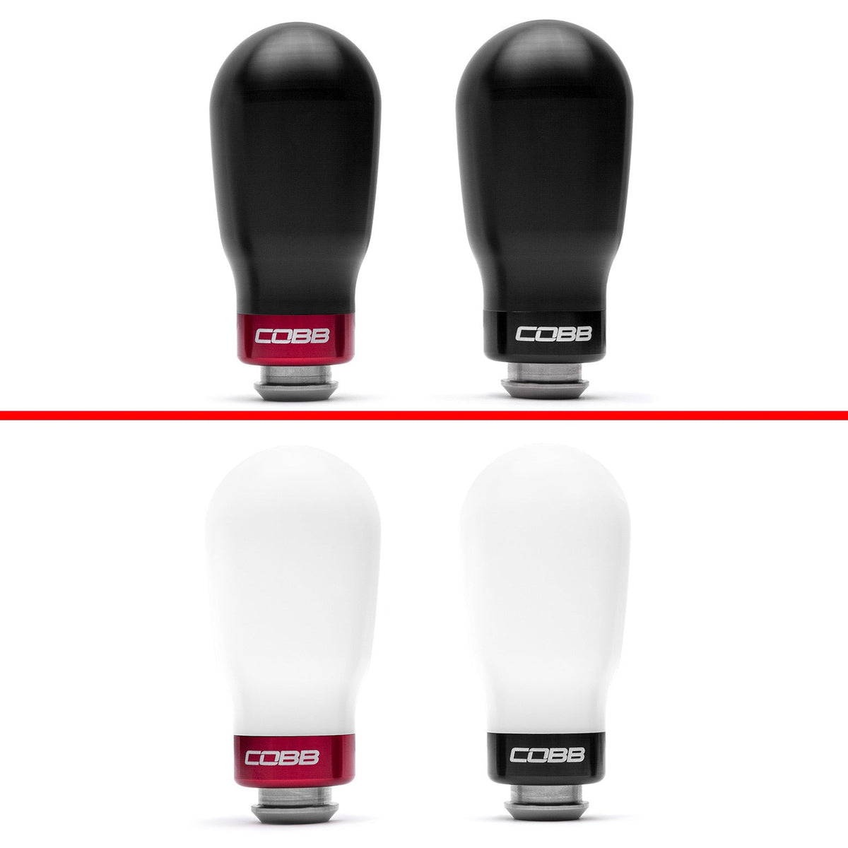 COBB tall weighted shift knobs – black and white knobs with red and black bases (product illustration)