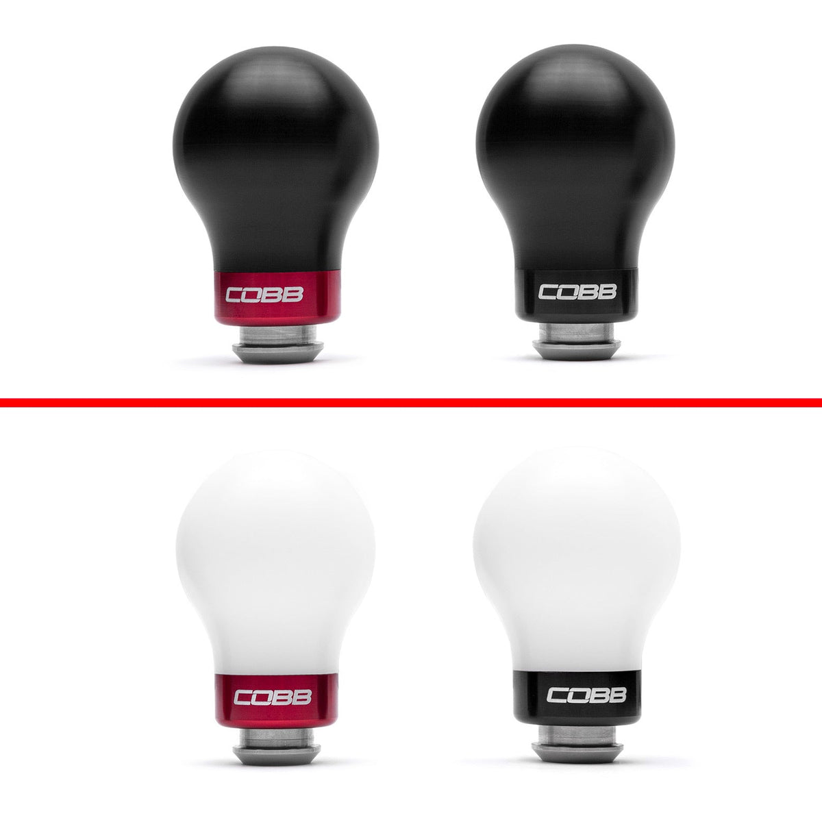 COBB WRX shift knob range – Black/Red option among four combinations (product illustration)