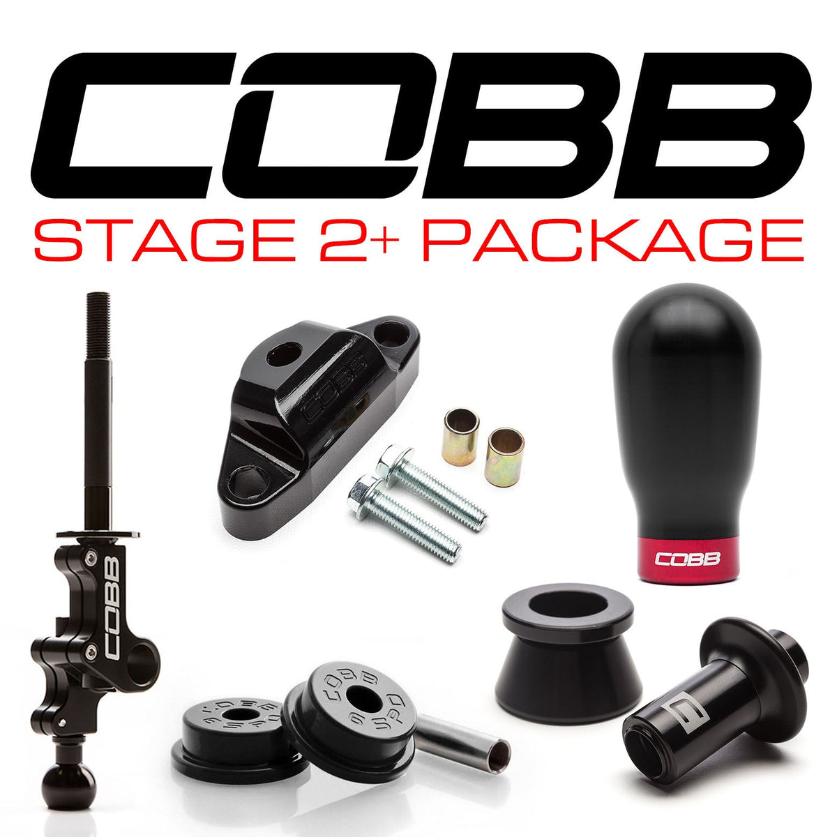 COBB Stage 2+ Drivetrain Package – Subaru STI 6-speed – tall knob kit, Black / Black/Black option (product illustration)
