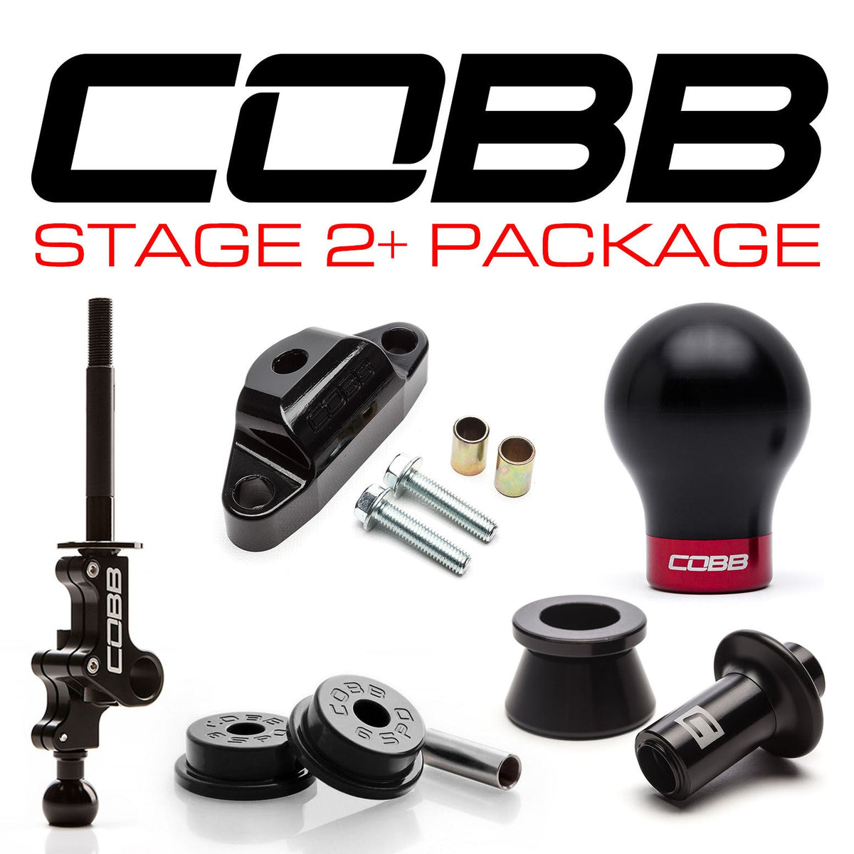 COBB Stage 2+ Drivetrain Package – Subaru STI 6-speed – parts laid out, Black / Black/Black option (product illustration)