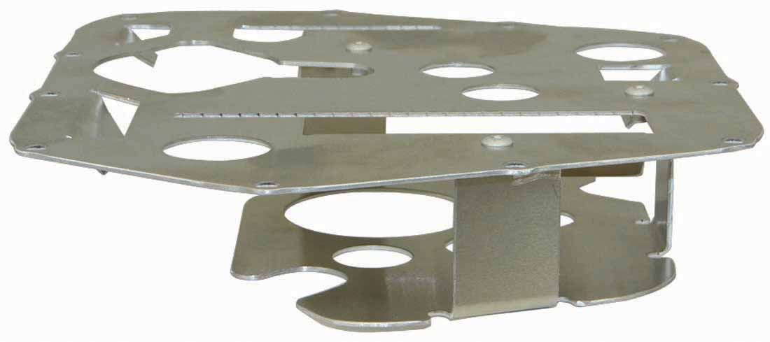 Moroso 23045 double-tier oil pan baffle, side view of the upper and lower plates