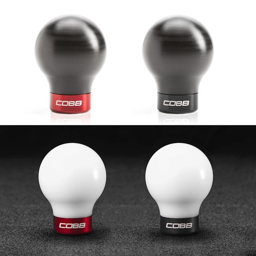 COBB shift knob – Mitsubishi Evo X / Ralliart – black and white knobs with red and black bases (product illustration)