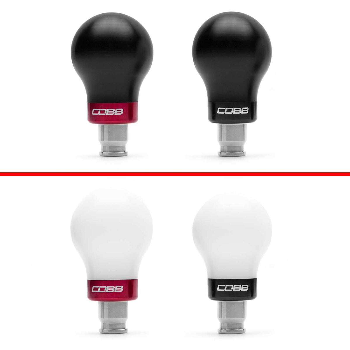 COBB short weighted shift knob – black and white knobs with red and black trim rings (product illustration)