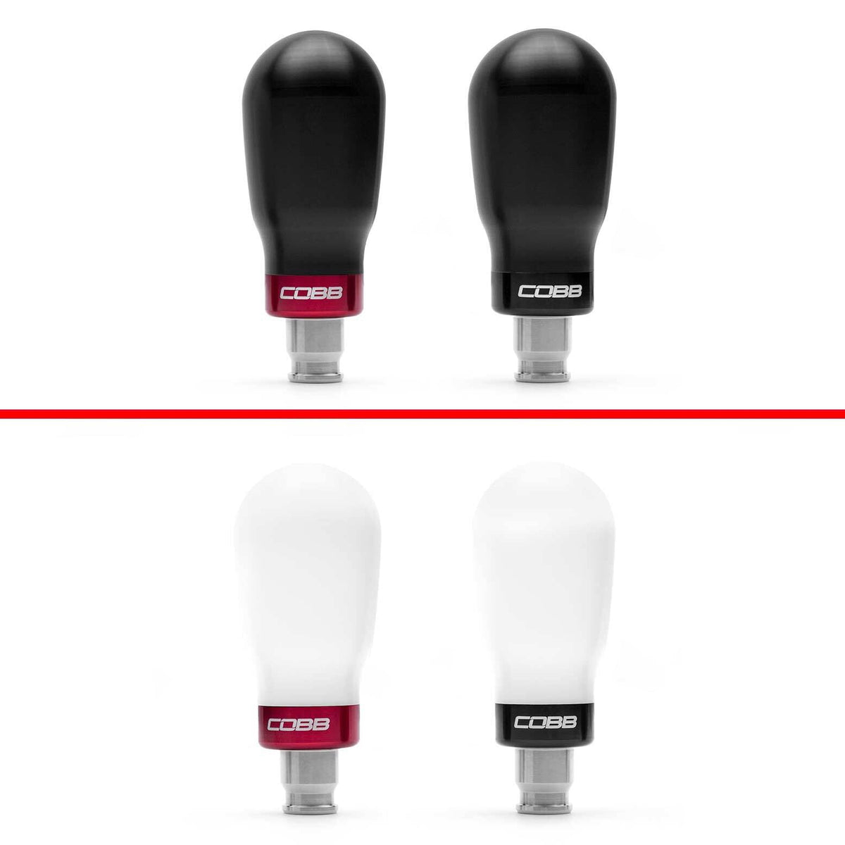 COBB tall weighted shift knob – black and white knobs with red and black trim rings (product illustration)