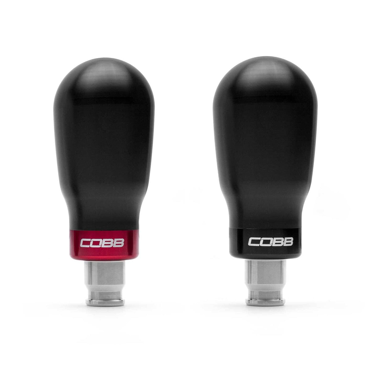 COBB tall weighted shift knob – black knob with red ring and black ring side by side