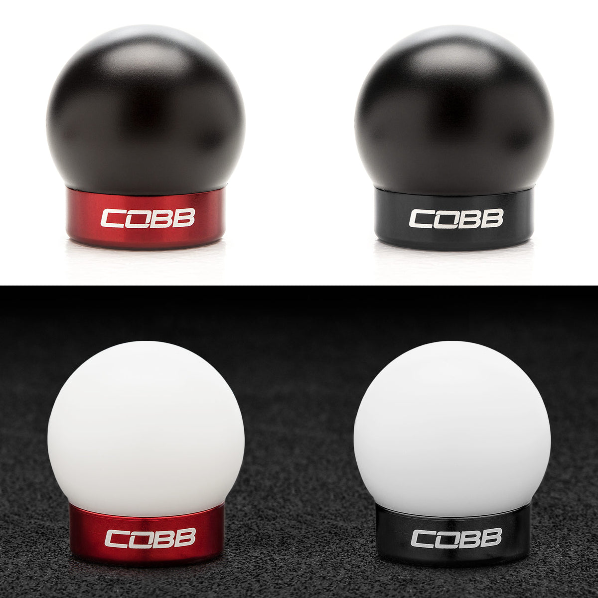 COBB shift knob – Ford Mustang – all four colour combinations side by side