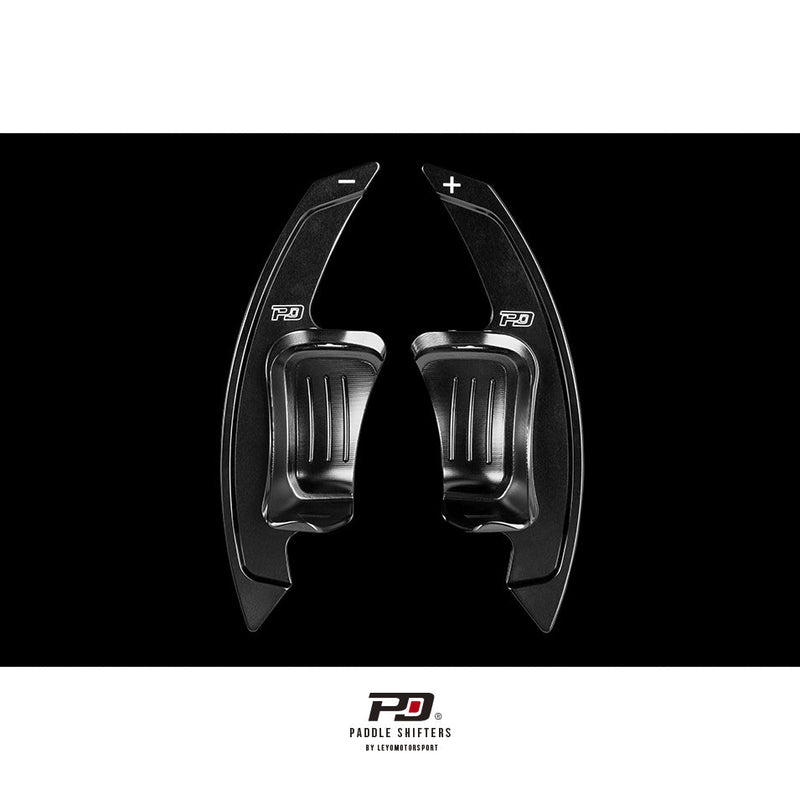 LEYO billet paddle shift extensions – Golf GTI Mk5/Mk6 – black pair front view - LEYO