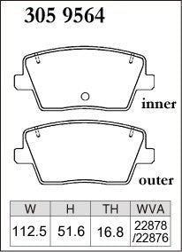 DIXCEL 3059564 rear brake pad shape for the Hyundai i30 N and Kona N - 112.5 x 51.6 x 16.8mm