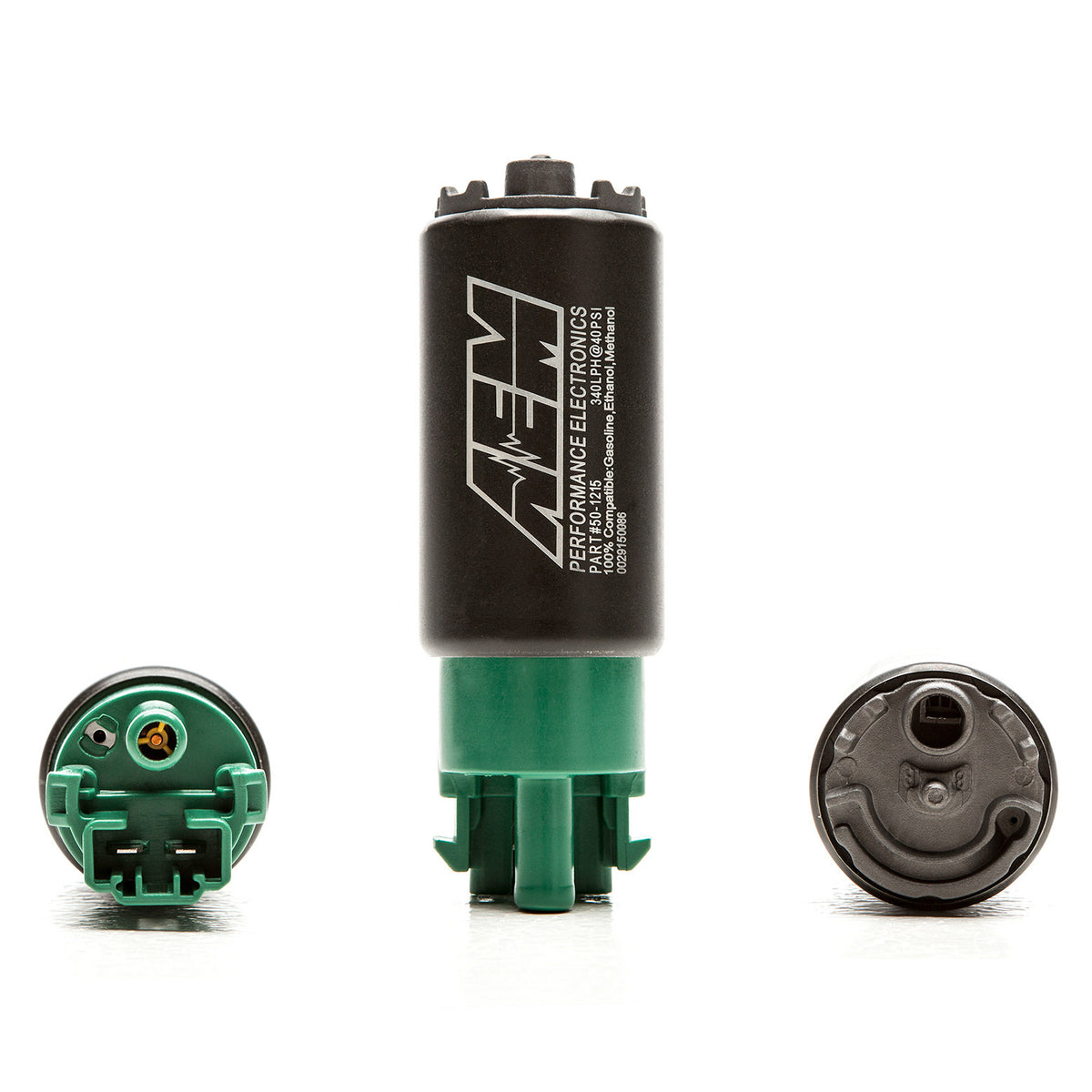 COBB AEM 340lph high flow fuel pump – top, side and bottom views