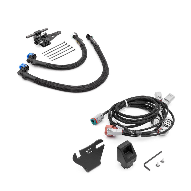 COBB NexGen flex fuel ethanol sensor kit – Subaru Impreza WRX – sensor, fuel lines, module and harness laid out - Cobb Tuning