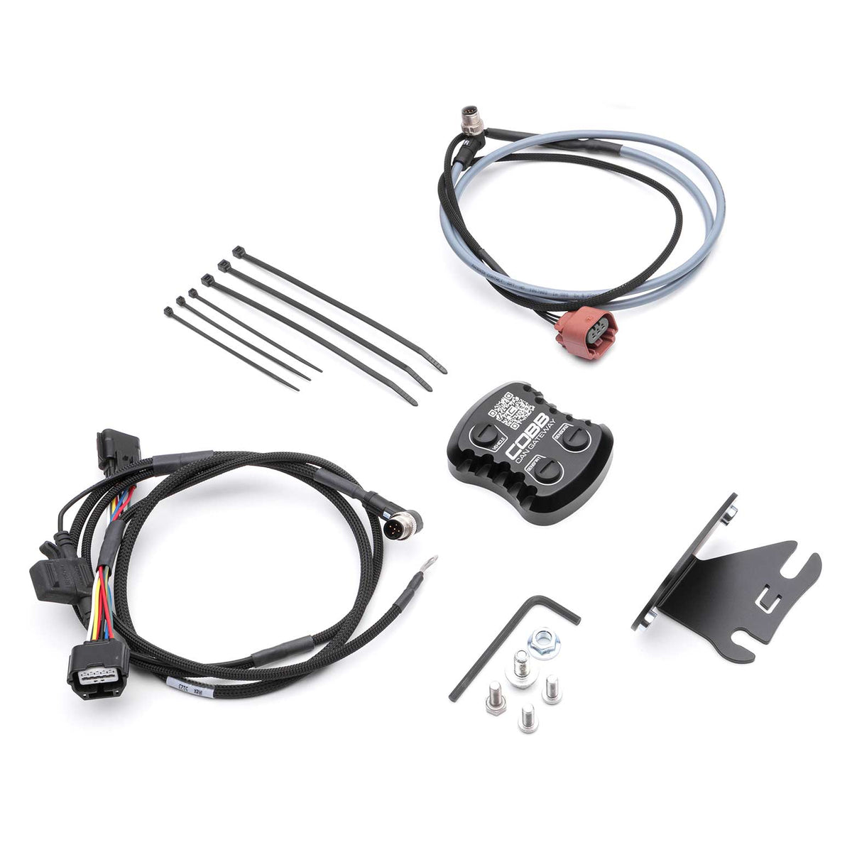 COBB CAN Flex Fuel gateway upgrade – Subaru WRX VA – gateway, harnesses, bracket and hardware laid out