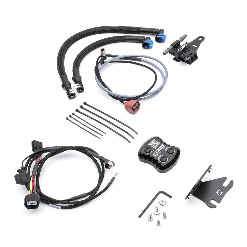 COBB CAN Flex Fuel Upgrade – Subaru WRX VA – ethanol sensor, harnesses, gateway and bracket laid out - Cobb Tuning