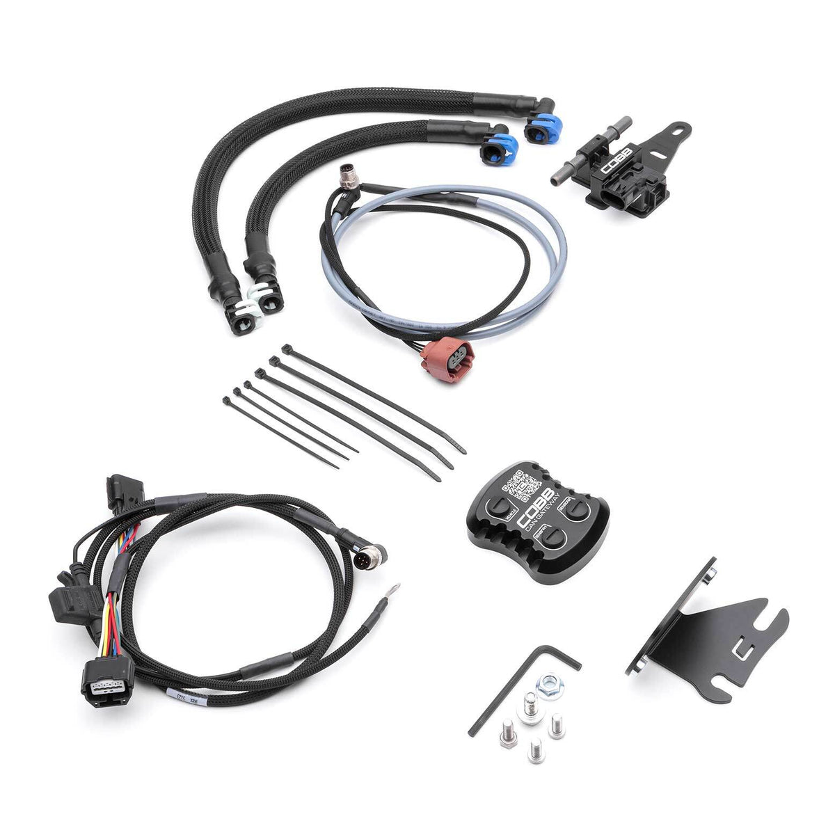 COBB CAN flex fuel upgrade – Subaru WRX VA – ethanol sensor, fuel lines, gateway, harness and bracket laid out