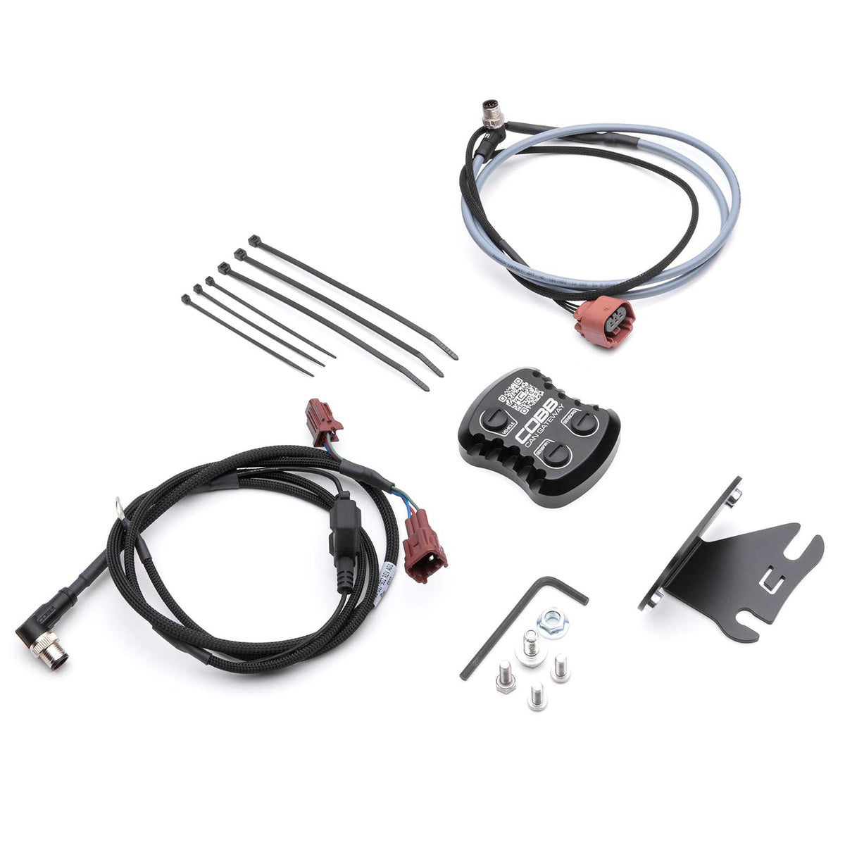 COBB CAN Flex Fuel gateway upgrade – Subaru WRX VA – gateway, harnesses, bracket and hardware laid out