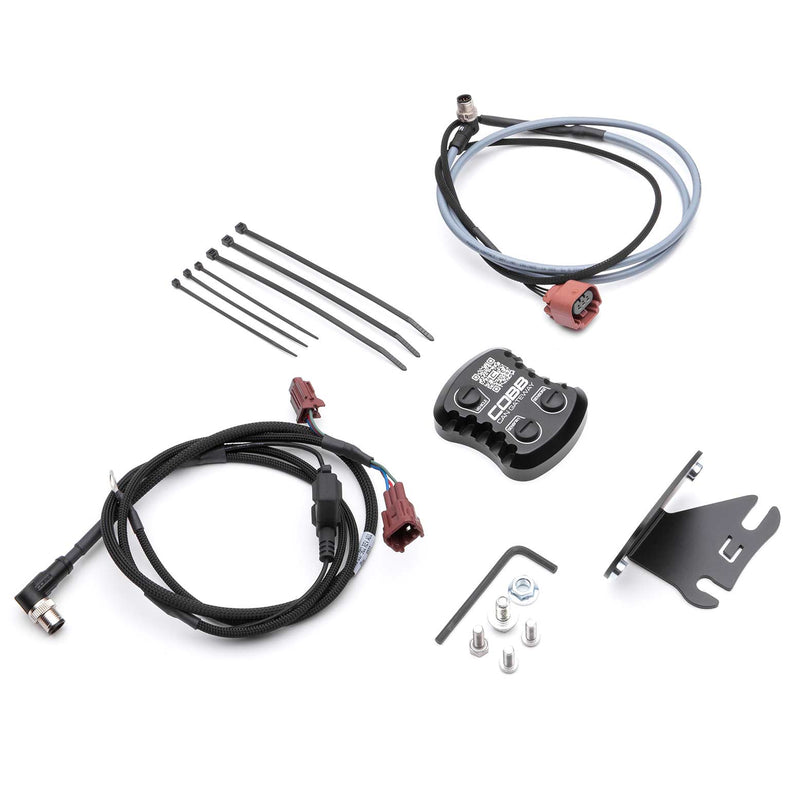 COBB CAN Flex Fuel gateway upgrade – Subaru WRX VA – gateway, harnesses, bracket and hardware laid out - Cobb Tuning