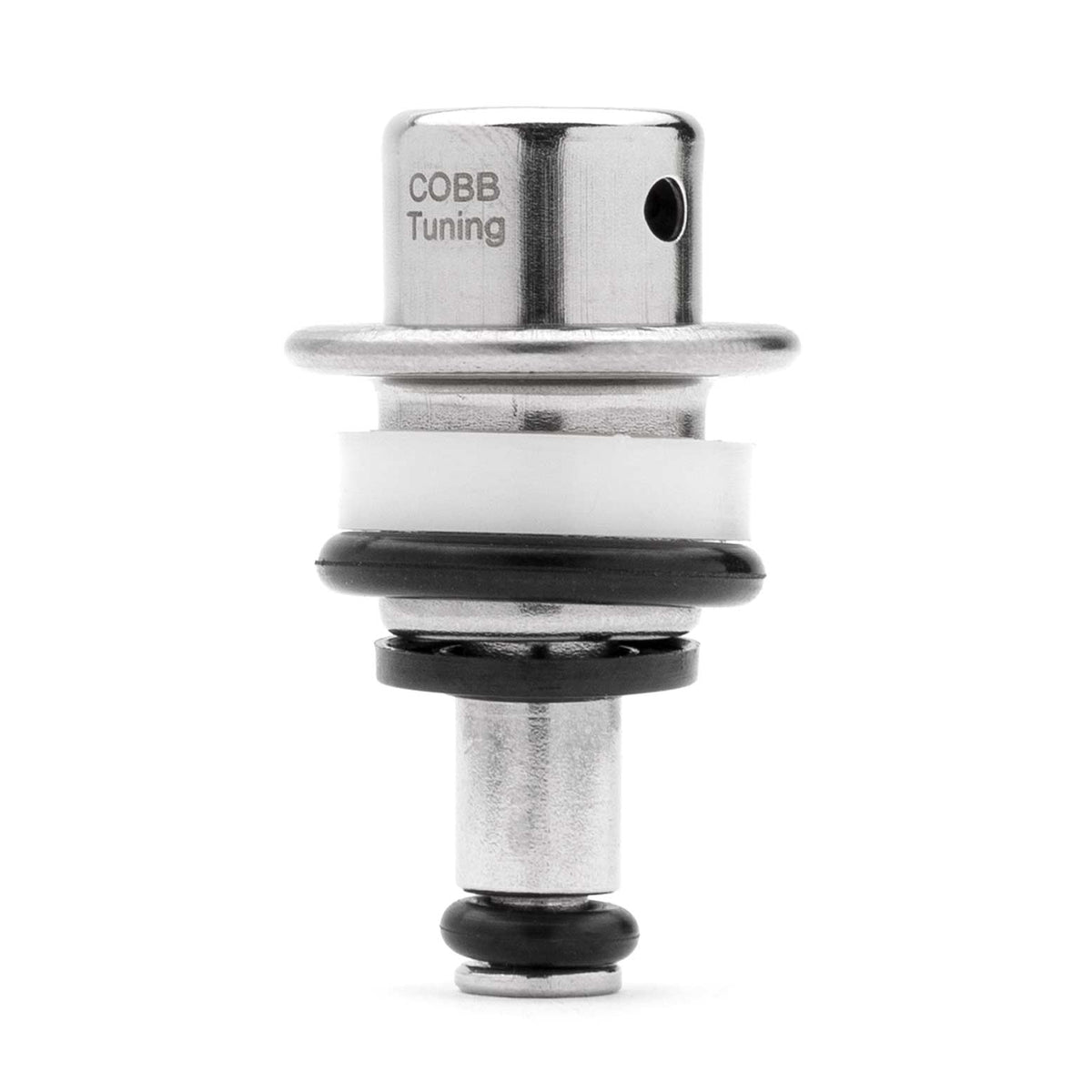 COBB in-tank 4.5 bar fuel pressure regulator – stainless body with O-rings, side view