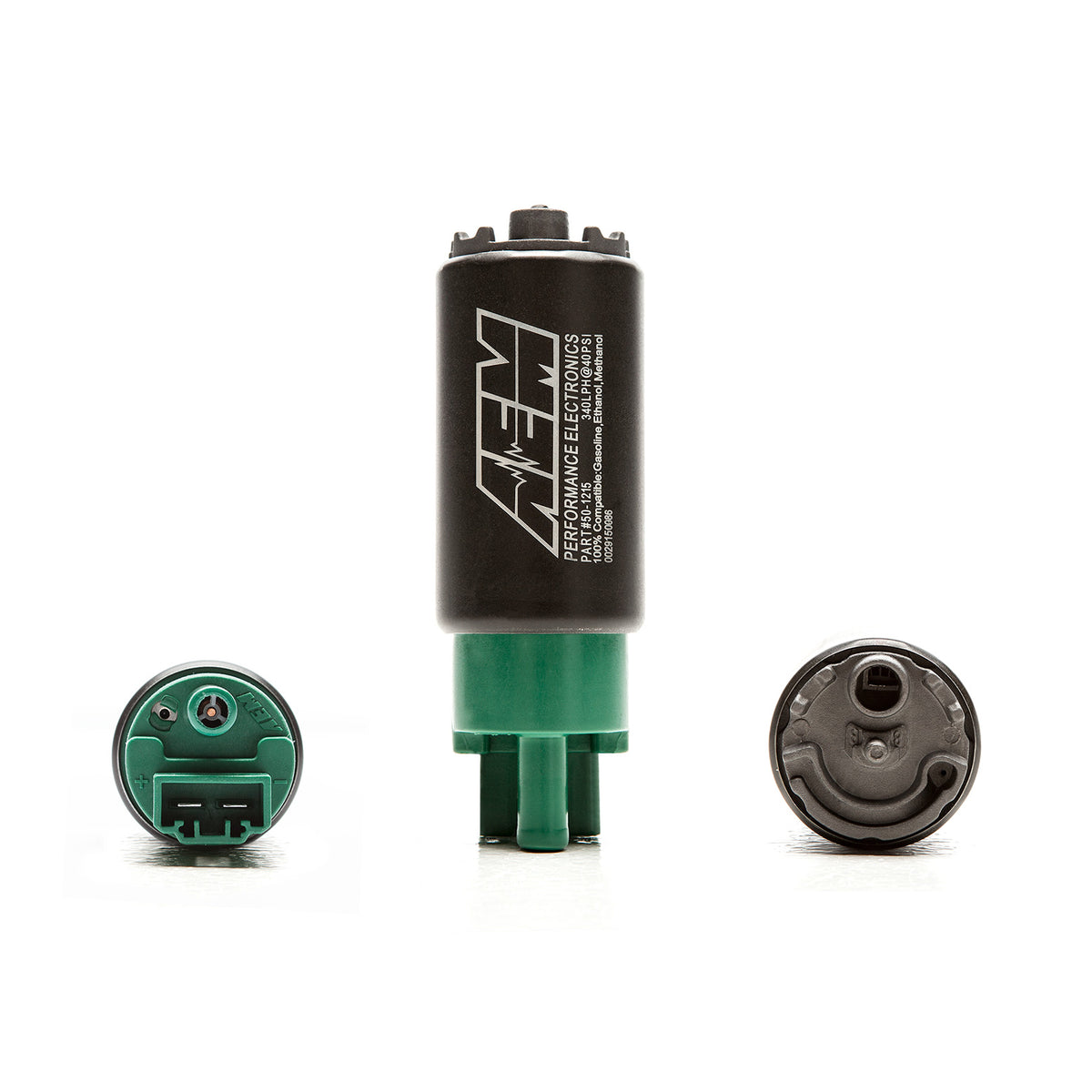 COBB AEM 340lph fuel pump – Mitsubishi Evo X – pump top, side and base views