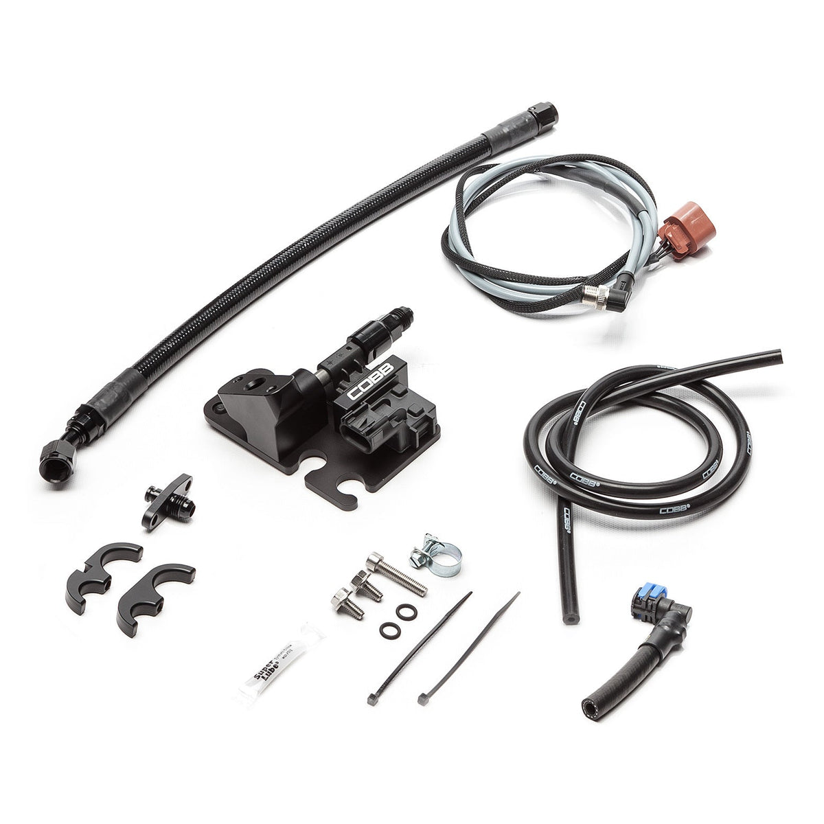 COBB CAN Gateway flex fuel kit – Nissan GT-R R35 – fuel lines, sensor bracket and wiring laid out