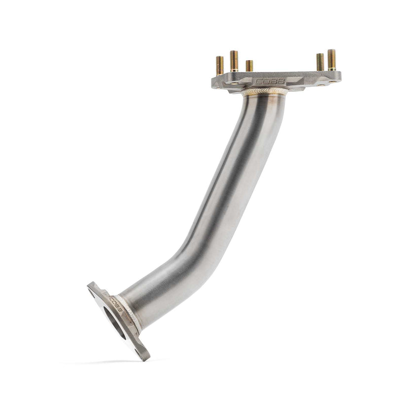 COBB stainless up pipe – Subaru WRX and STI – 51mm up pipe, front three-quarter view - Cobb Tuning
