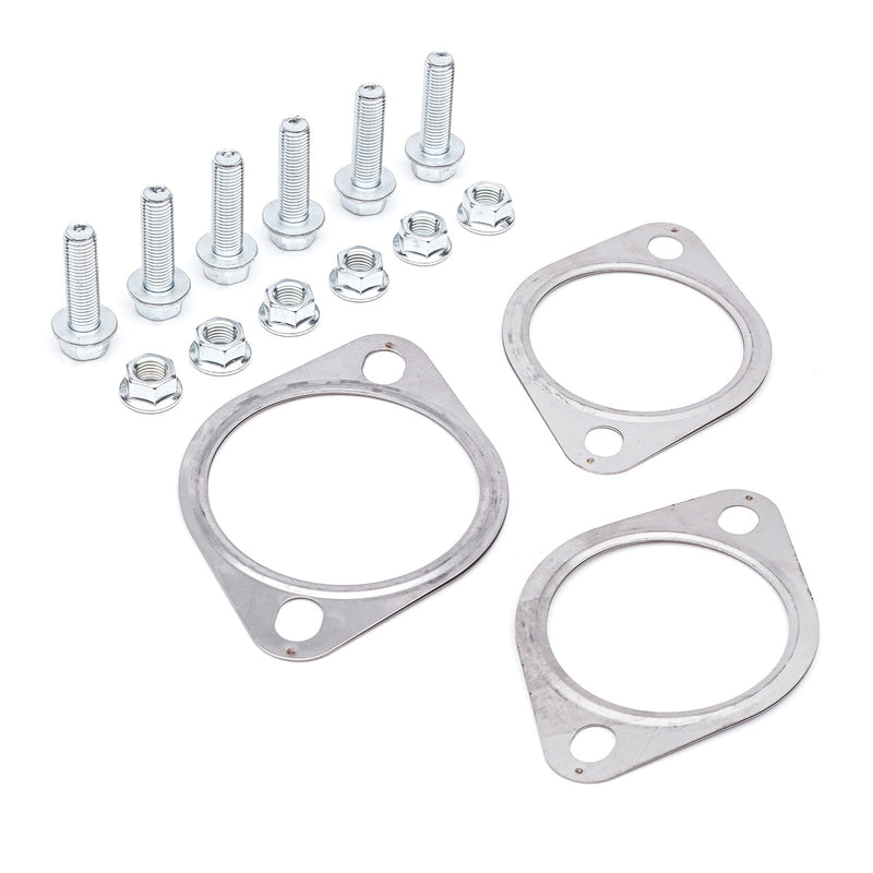 COBB cat-back exhaust hardware kit – Subaru WRX/STI GV – three gaskets, six bolts and nuts laid out - Cobb Tuning