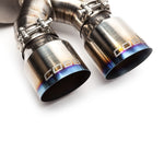COBB titanium cat-back exhaust – Subaru WRX STI sedan – blued tips with COBB logo close-up - Cobb Tuning Thumbnail