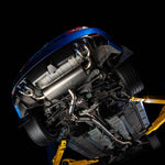 COBB titanium cat-back exhaust – Subaru WRX STI hatch – installed, underside view on hoist - Cobb Tuning Thumbnail