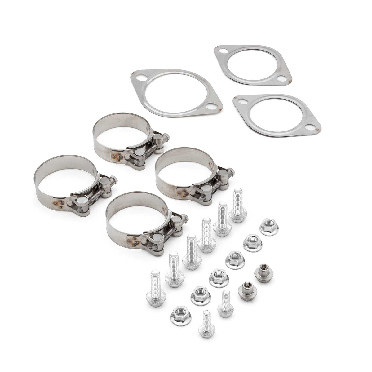 COBB cat-back exhaust hardware kit – gaskets, band clamps, bolts and nuts laid out