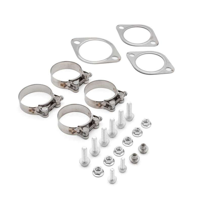 COBB cat-back exhaust hardware kit – gaskets, band clamps, bolts and nuts laid out - Cobb Tuning