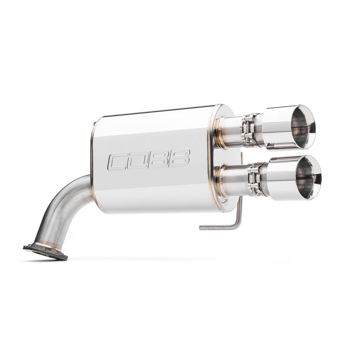 COBB stainless cat-back exhaust – Subaru WRX/STI sedan – muffler with dual tips, side view