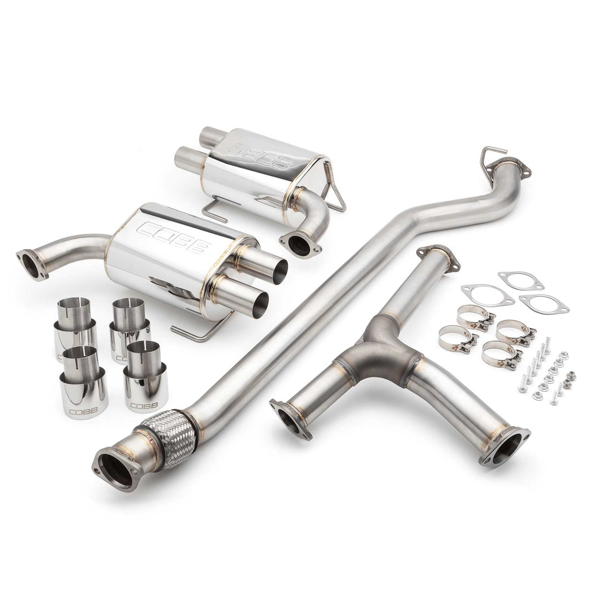 COBB stainless cat-back exhaust – Subaru WRX/STI sedan – full kit with tips and hardware laid out